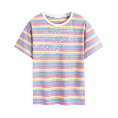 China Anti-Wrinkle Summer Rainbow Striped T-shirt Women's Designer Short Sleeve Superior Casual T-shirt for sale