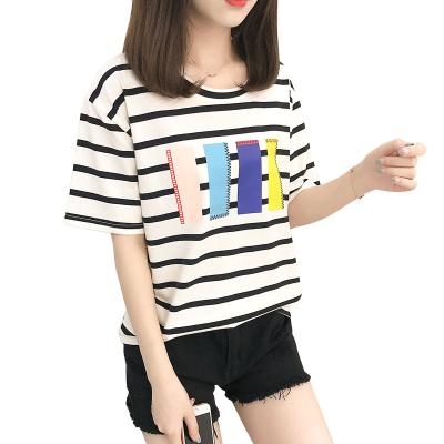 China Wholesale New Summer Style Anti-Wrinkle Jacket Korean Loose Casual Designer Luxury Short-sleeved Female T-shirt Pure Cotton Stripes for sale