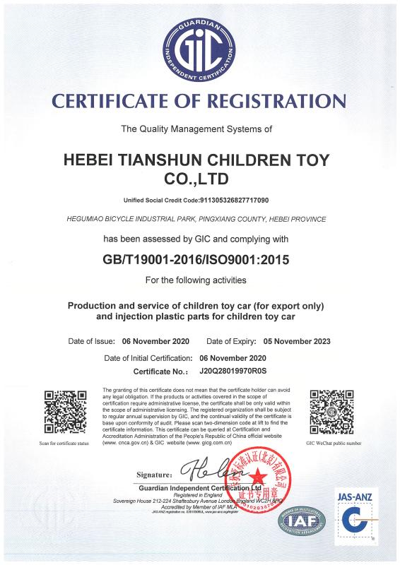 ISO9001 - Hebei Tianshun Children Toys Co., Ltd.