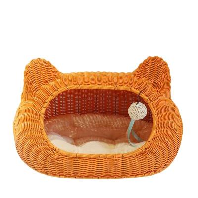 China Sustainable Washable Rattan Woven Cat Nest All Season Cat Cage Dog House Pet Supplies Handmade Semi-Enclosed Cat Nest for sale