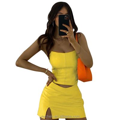 China 2022 High Quality Women's Neon Shorts Mini Skirt Two Piece Set PU Bodycon Leather Skirt Back Zipper Waterproof for sale