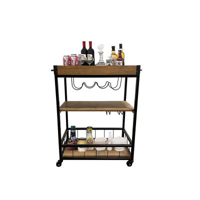 China Rustic PANEL Brown Rolling Kitchen Storage Cart for Home with Wine Glass Rack and Lockable Caster for sale