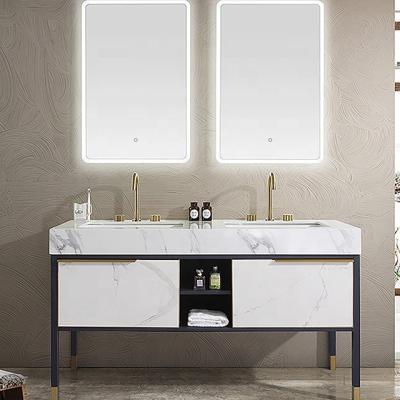 China Modern Floating Vanity PA Double Sink Luxury Mirror Bathroom Vanity Cabinet for sale