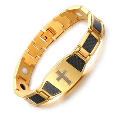 China MagEnergy CLASSIC All Stainless Steel Christian Cross Magnetic Bracelets Adjustable Link Bracelet Gold Color for Arthritis for sale