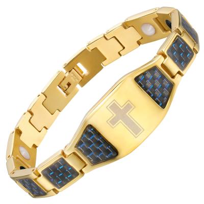 China CLASSIC Blue Carbon Fiber MagEergy Engravable Christian Cross Gold Stainless Steel Magnetic Link Bracelets with 4 in 1 Health Elements for sale