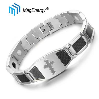 China CLASSIC MagEnergy Stainless Steel Christian Engraved Custom Name Magnetic Bracelet with Black Carbon Fiber for sale