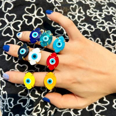 China FASHIONABLE Big Eye Evil Delicate Ring Handcrafted Colored Glazed Beads Ring 18k Gold Plated Full Copper Diamond Blue Eyes For Women for sale