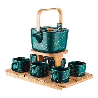 China Sustainable Porcelain Coffee Tea Set Holder Marble With Wooden Teapot And Cup China Supplier Japanese Luxury Afternoon Tea Used Dark Green for sale