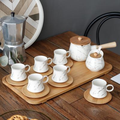 China Stocked Latest Design European Marble Ceramic Mugs Sugar Coffee Cups Luxury Ceramic Coffee Tea Cup Set With Wooden Tray for sale