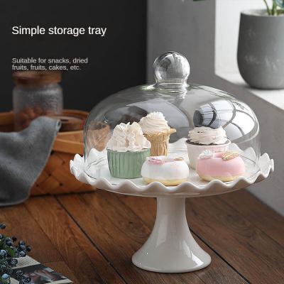 China Stored Western Hotel Restaurant Wedding Party Dessert Display Cup Cake Stand Ceramic Cake Stand With Glass Cover for sale