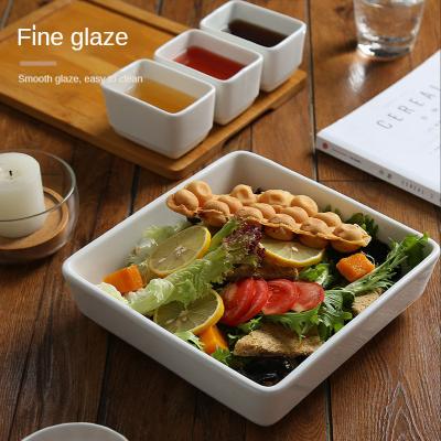 China Stocked Custom Logo Simple Design Fruit Salad Bowl Square White Ceramic Salad Furit Dish With Sauce Dish for sale