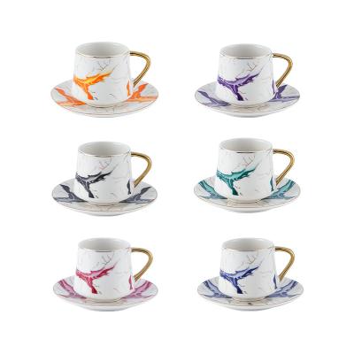 China Customized Eco-friendly Luxury Marble Ceramic Coffee Cup and Saucer Golden Handle Espresso Cups Handmade Colorful European Style for sale