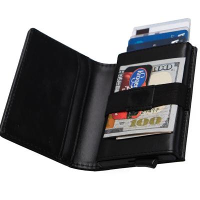 China Fast Smart Leather Thin RFID Wallet Storage Card Release RFID Card Holder Aluminum Blocking for sale