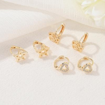 China 2021 New Trendy Trendy Cavity Rose Flower Star CZ Heart Shape 14K Gold Plated Small Circle Stud Earrings for sale