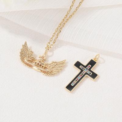 China TRENDY Hip Hop Wings Charm 14K Gold Plated Enamel Cross Color Zirconia Necklace Pendant for sale