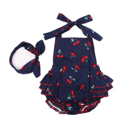 China Wholesale Cherry Pattern Romper Ruffled Sleeveless Spandex/Polyester Summer Toddler Baby Rompers Headband for sale