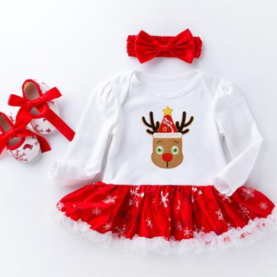 China Spandex/Cotton Newborn Baby Long Sleeve Christmas Rompers Headband Shoes Girls Romper for sale