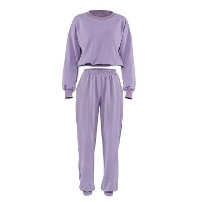 China Purple Round Neck Cotton Anti-pilling Sweater Long Sleeve Women's Sports Pants Sweat Two Piece Sets for sale