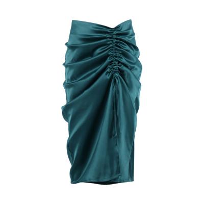 China High Waist Breathable Ladies Irregular Satin Ruched Midi Skirt for sale