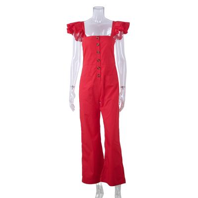 China Fashionable Red Backless And Lace Street Casual Overalls Women's Anti-Pilling Ruffled Button Pants for sale