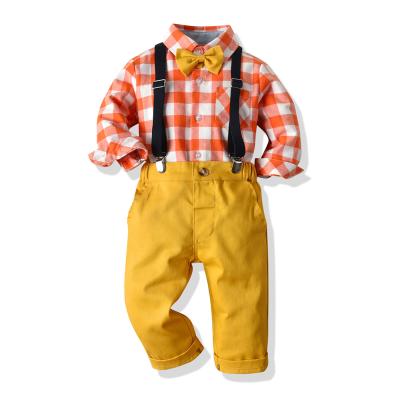 China Autumn European antibacterial new and American style plaid shirt suspender pants fashionable boys two-piece set for sale