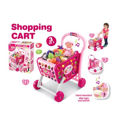 China Wholesale Kids Trolley Toy with Light and Sound Wholesale 3 in 1 Plastic Pretend Play Induction Supermarket Shopping Cart Toy for Kids for sale