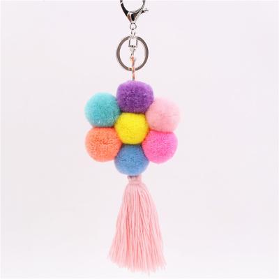 China Faux Fur/Alloy Straw Bag Pompom Pendant Handbag Key Chain Pompoms Flower Colorful Tassel Ornaments For Women Kimter-Y454Z for sale