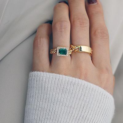 China BOHEMIA Vintage Jewelry Emerald Zircon Ring Women Link Chain Finger Ring Shiny Crystal Square Rings Kimter-Q258FZ for sale