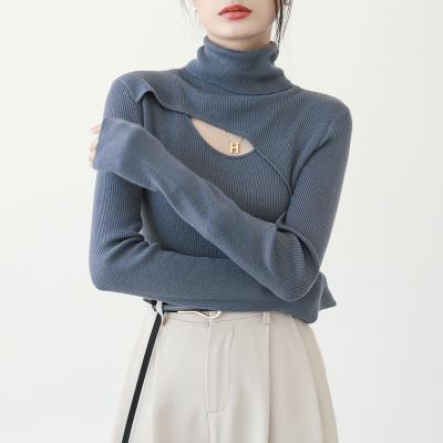 China 2021 New Style Autumn/Winter Long Bottom Sweater Collar High Sleeve Design Breathable Upper Sense Knit Women's Matching Bottom Shirt for sale