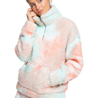 China Anti-Wrinkle Winter Women Coat Tie Dyed Fleece Collar Small Stand Zipper Pocket Front Winter Jacket Warm Double Sided Coral Fleece Coat for sale