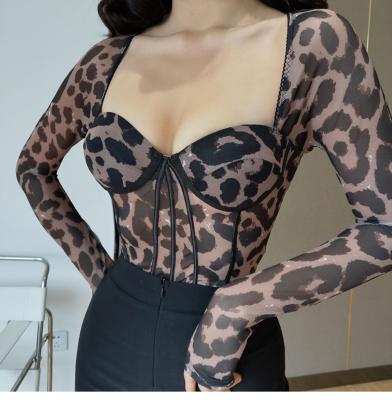 China Anti-pilling Good Appearance Wrapping Breast Form Retro Leopard Printing Wind Ins Female European Gauze Lower Body Shirt for sale