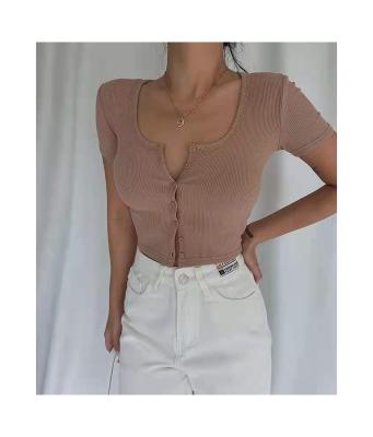 China Breathable Cheap Cost Effective Women T Shirt Knit Womens Shorts Set Ribbed Knit Knitting Short Sleeves for sale