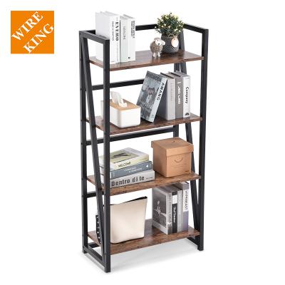 China Industrial Bookcase (Other) Adjustable Black Multi-Layer Wooden Luxury Black Wood Adjustable Metal Display Cabinet Ladder Shelf Bookcase Shelf for sale