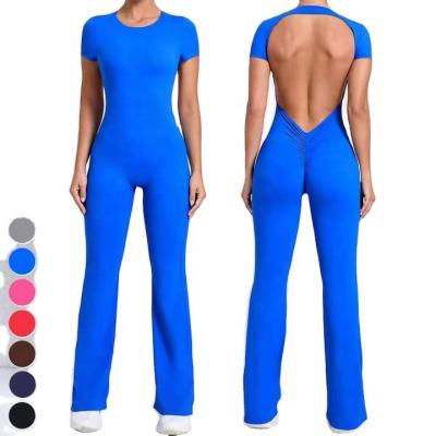 China Breathable One Piece Yoga Jumpsuit Hollow Out V Back Rompers Scrunch Butt Sports Bodysuit Short Sleeve Workout Fitness Jumpsuits For Women for sale