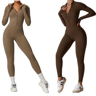 China QUICK DRY Hot Selling Girls Sports Fitness Active Wear Zipper Long Sleeves Leggings Jumpsuit Women Workout Jumpsuits Ladies Bodysuits for sale