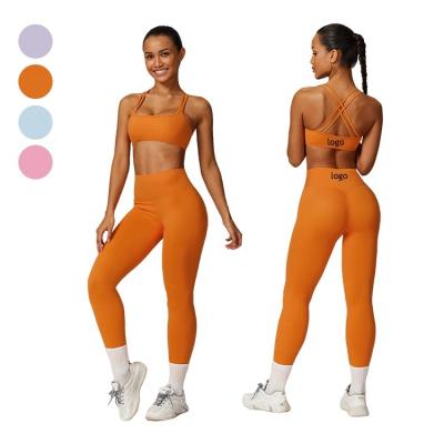 China Breathable Tik Tok Custom Logo Gym Clothing For Women Scrunch Booty Yoga Shorts Leggings 2 PCS Sports Workout Sports Bra Suit Sets for sale