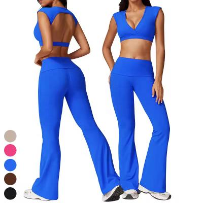 China Breathable Wholesale Sportswear Hollow Out Tank Top Flared Leggings Suit Custom Logo Workout Clothing Yoga Set Gym Fitness Sets For Women for sale