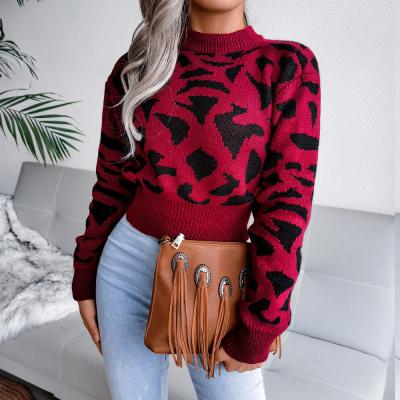 China Anti-pilling casual leopard print anti-pilling size factory supply discount price knit cropped pullover sweater for sale