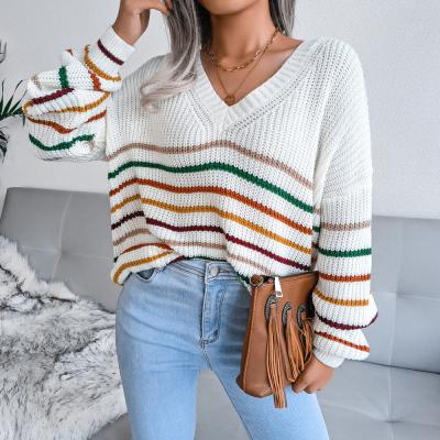 China Anti-pilling New China Wholesale Winter Anti-pilling Style Rainbow Striped Women's Sweater Casual Loose V-Neck Sweater Sweater for sale