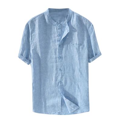 China Solid color casual cotton summer shirt men's loose short sleeve anti-pilling linen beach canvas shirts for men for sale