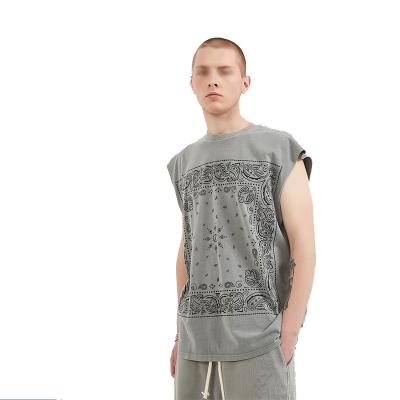 China Mens Cotton Summer Loose Fit T-shirts High Street Retros Washed Anti-Shrink T-shirt Custom Sleeveless Printed Tee Shirt Men for sale