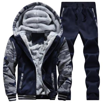 China Sustainable Comfortable Fur Striped Jogging Sweatsuit Men Two Piece Gym Suit Warm Winter Tracksuits Sets For Men With Fur for sale