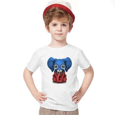 China Anti-Shrink 2024 Vintage Kids Boys Girls Baby Elephant with Glasses and Haitian Flag T-Shirt 100% Cotton T shirts Cool Birthday Gifts Tshirt for sale