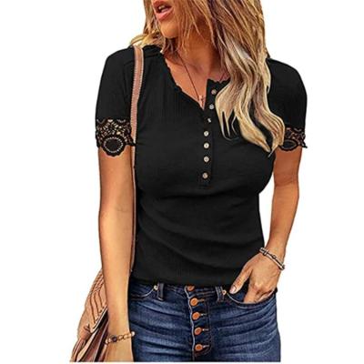 China QUICK DRY Women Ribbed Knit Henley Short Sleeves V Neck Button Shirts Slim Fit Casual Blouses Lace Tops for sale