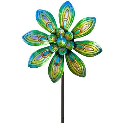 China Installment Easy Easy To Assemble Landscape Lawn Garden Yard Metal Windmill Garden Decoration Green Flower Shape for sale