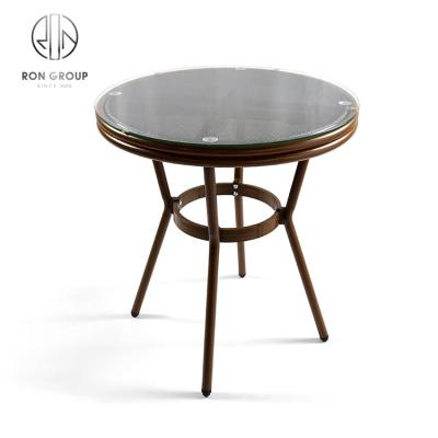 China Durable Hot Sale Outdoor Coffee Table Wood Grain Aluminum Frame Tempered Glass Top Patio Cafe Tables for sale