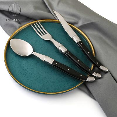 China Viable Hot Selling Reusable Stainless Steel Buffet Cutlery Set Black Wooden Handle Restaurant Steak Cutlery for sale