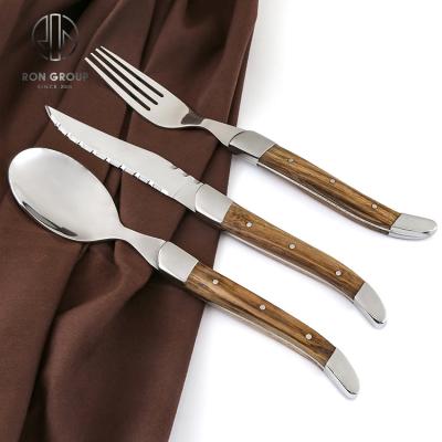 China Hot Selling Natural Wooden Handle Steak Knife Set Viable and Forking Stainless Steel Buffet Flatware Set for sale