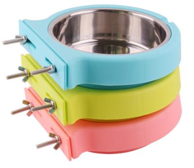 China Sustainable Plastic Stainless Steel Food Feeder Fixed Hanging Drinking Water Pet Bowl for sale