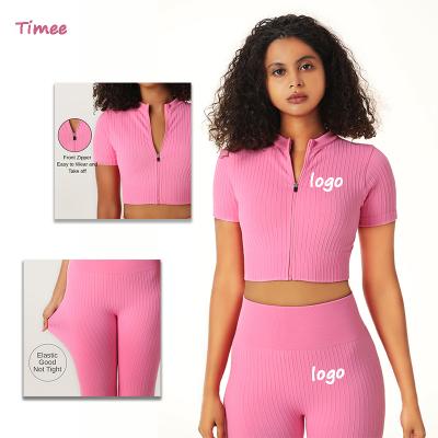 China Breathable Pink Seamless Zipper Design Shirts Yoga Suit Short Sleeve Sport Wear Jacket Sets T-shirt Yoga Set Women for sale